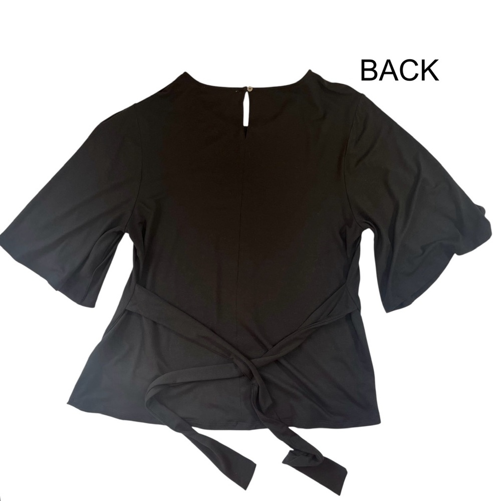 Peruvian Connection Black Keyhole Top Tie Waist Flutter Sleeve Stretch Blouse M - Picture 9 of 14